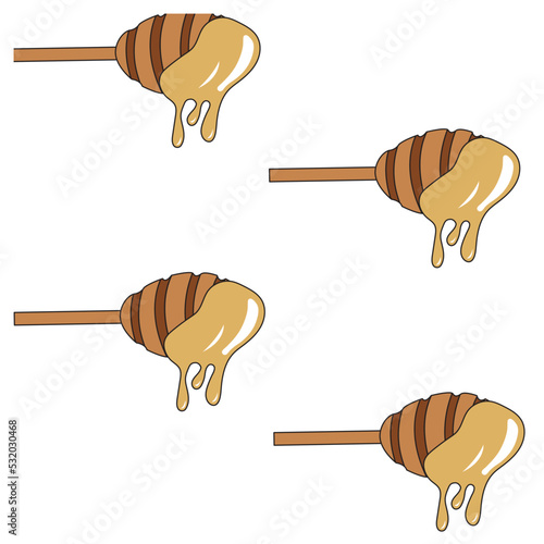 Honey spoon with dripping drops of honey in cartoon style. Seamless pattern. Vector illustration isolated on white background.