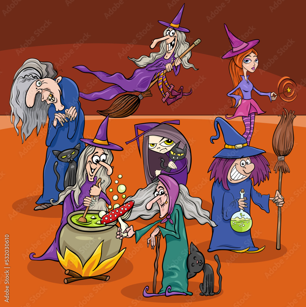 cartoon witches characters group on Halloween time