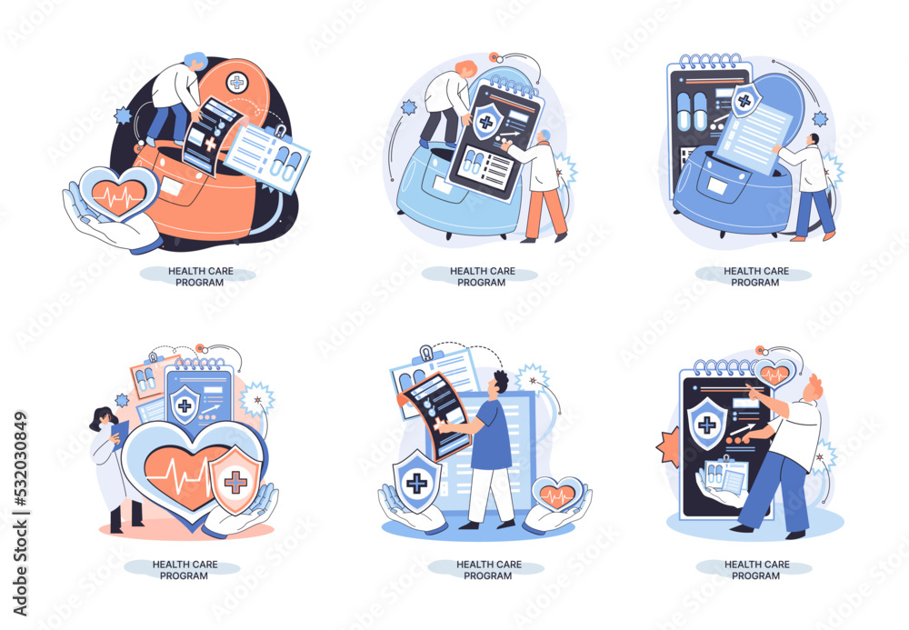 Fototapeta premium Health care program metaphor, online medical services, protection medicine. Medical insurance, hospital services, preventive check up, sick leave certificate treatment diagnosis patients, telemedicine