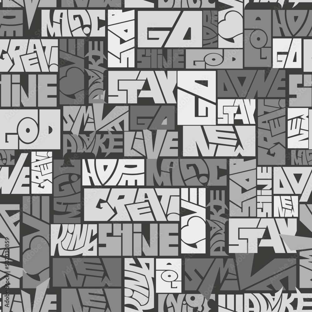 Naklejka premium seamless pattern of drawn unique words. monochrome gray wallpaper