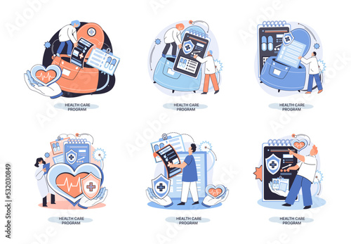 Health care program metaphor, online medical services, protection medicine. Medical insurance, hospital services, preventive check up, sick leave certificate treatment diagnosis patients, telemedicine