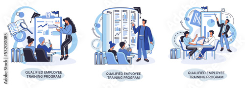 Qualified employee training program. Refresher course metaphor. Help in professional development. Learning for software development and growth. Agile project management team project life scrum meeting