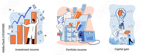 Capital gain, portfolio income, investment income. Investments and bonds, cash flow money slot, mutual fund, finance abstract metaphor. Money investing financiers analyzing stock market profit dollars