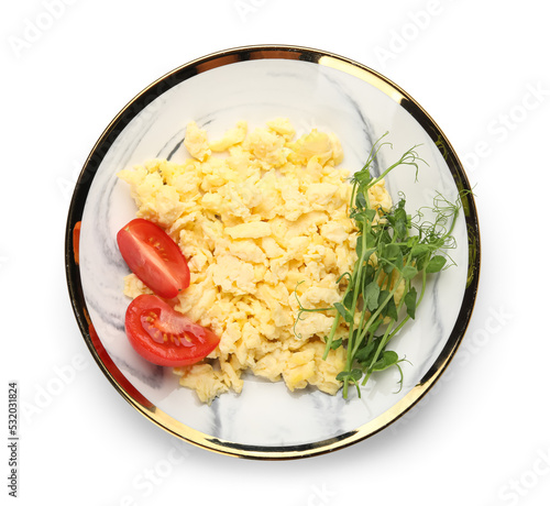 Photos Plate of tasty scrambled eggs, tomatoes and green sprouts on white background