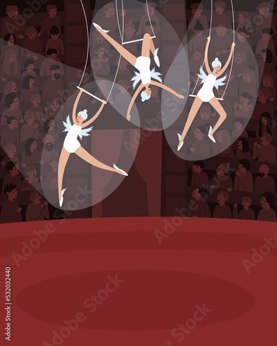 Spectators watch the performance of acrobats under the dome of the circus. Trapeze acrobats perform stunts dressed as angels under spotlights. Flat vector illustration.