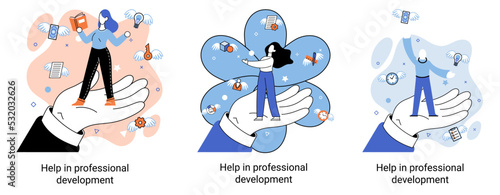 Help in professional development metaphor. Qualified employee training program. Refresher course. Human resource management organization. Business education workshop. School personality growth in team