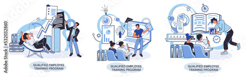 Qualified employee training program. Refresher course metaphor. Help in professional development. Learning for software development and growth. Agile project management team project life scrum meeting