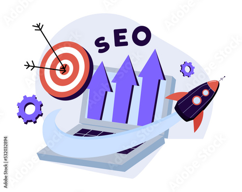 SEO optimization with rocket for marketing social media website on laptop concept. Interface for website strategy