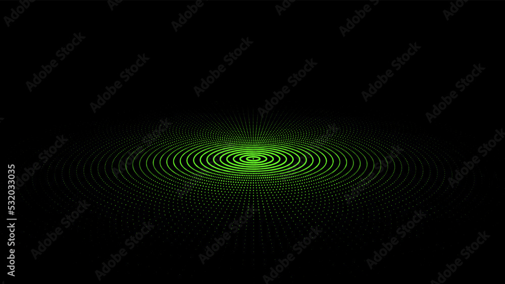 Digital vibration and sound, flat plate. Circle flatness rings with points and particles on the dark background. Vector illustration. Digital vibration and sound, flat plate. Circle flatness rings with points and particles on the dark background. Vector illustration.