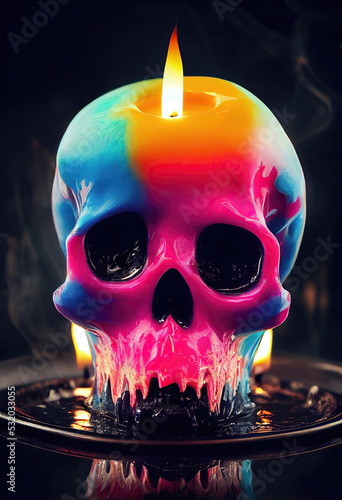 Illustration of a colourful Halloween skull candle dripping and melting into wax puddle. photo