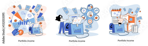 Investment portfolio income dollars currency, buy sell trading, market exchange value metaphor, businessman investor or trader balance portfolio with coins. Financiers analyzing stock market profit