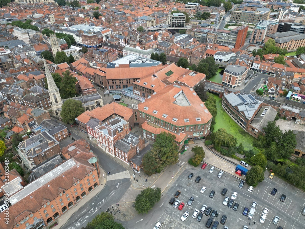 aerial view of the Historic medieval walled City of york, England