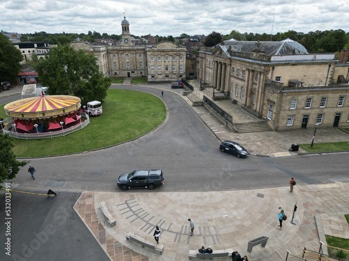 aerial view of York Crown Court, Prominent government courthouse & historic prison site, rebuilt in the 18th century.