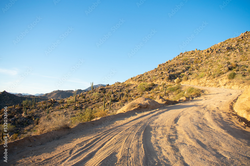 Arizona desert path on mountain at sunset with cacti and mountains in the background