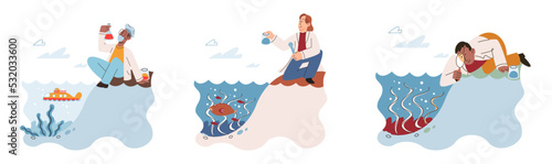 Observation of marine life in wild in order to study and protect them, study of living conditions of wild animals. Ecological researcher conducts experiments ichthyologist analyzing fish in sea