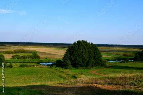 A view from the top of a tall hill with numerous trees  shrubs  and forest formations visible next to some fields  meadows  and pasturelands spotted on Polish countryside in summer