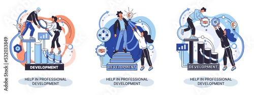 Help in professional development metaphor. Qualified employee training program. Refresher course. Human resource management organization. Business education workshop. School personality growth in team