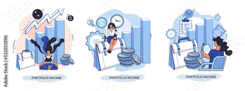 Investment portfolio income dollars currency, buy sell trading, market exchange value metaphor, businessman investor or trader balance portfolio with coins. Financiers analyzing stock market profit