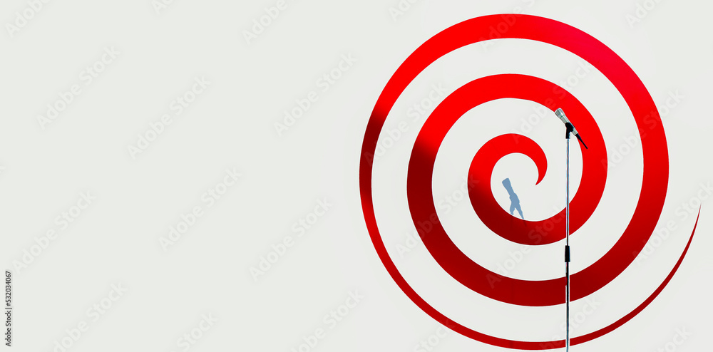 red spiral with microphone and empty field for text.horizontal banner music psychology concept red spiral with microphone and empty field for text.horizontal banner music psychology concept