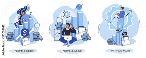 Investment portfolio income dollars currency, buy sell trading, market exchange value metaphor, businessman investor or trader balance portfolio with coins. Financiers analyzing stock market profit