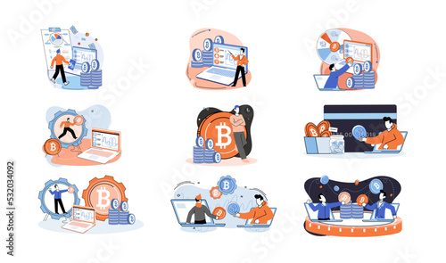 Cryptocurrency bitcoin mining metaphor Blockchain exchange platform. Cyber banking procedures, bitcoin trading, wallet. Ecurrency transactions. Digital currency, cryptocurrency market, hidden mining