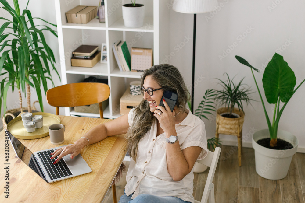 Smiling woman using laptop and talking on the phone Smiling woman using laptop and talking on the phone