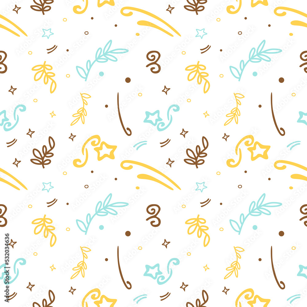 Seamless pattern of leaves, stars, bubbles. Seamless childrens background on a white background. vector illustration