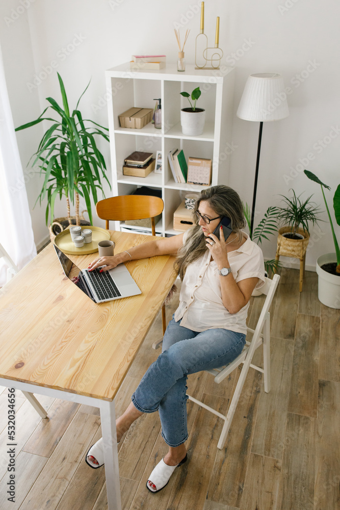 Focused woman using laptop and talking on the phone Focused woman using laptop and talking on the phone