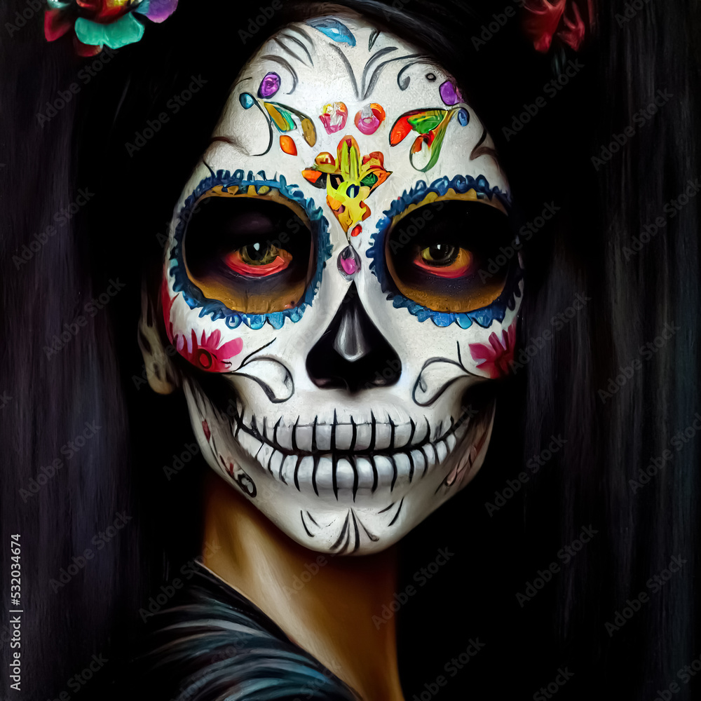 The day of the dead Calavera Catrina. Woman with traditional sugar skull makeup. 3D illustration.