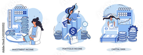 Capital gain, portfolio income, investment income. Investments and bonds, cash flow money slot, mutual fund, finance abstract metaphor. Money investing financiers analyzing stock market profit dollars