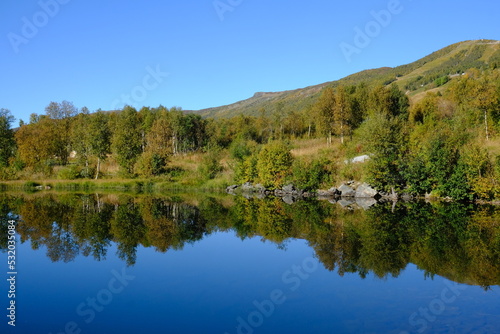 Lakeside trees and reflections in Autumn, Geilo, Norway