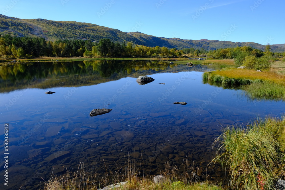 Lake and mountain reflections in Autumn, Geilo, Norway