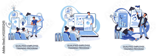 Qualified employee training program. Refresher course metaphor. Help in professional development. Learning for software development and growth. Agile project management team project life scrum meeting