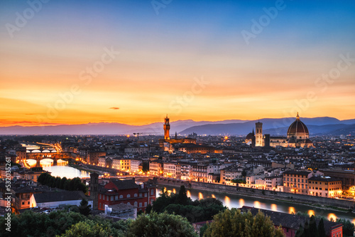 Florence Aerial View at Golden Sunset over Ponte Vecchio Bridge, Palazzo Vecchio and Cathedral of Santa Maria del Fiore with Duomo © romanslavik.com