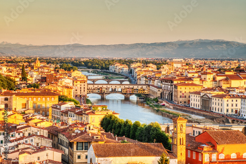 Florence Aerial View at Sunrise over Ponte Vecchio Bridge