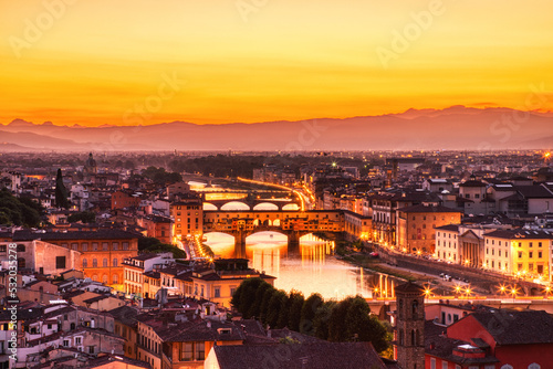 Florence Aerial View at Golden Sunset over Ponte Vecchio Bridge