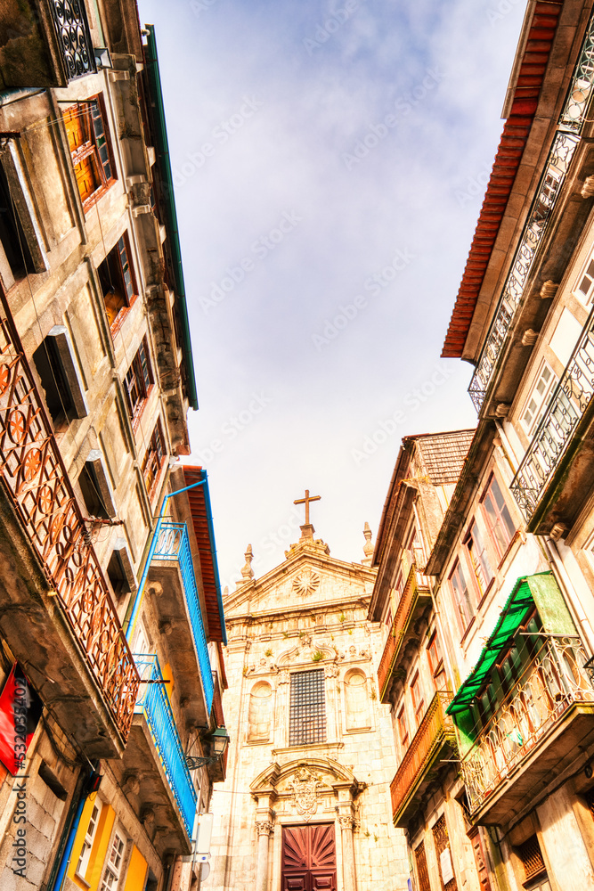 Typical City of Porto Street with Sao Bento Da Vitoria Church in the Background