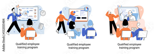Qualified employee training program. Refresher course metaphor. Help in professional development. Learning for software development and growth. Agile project management team project life scrum meeting