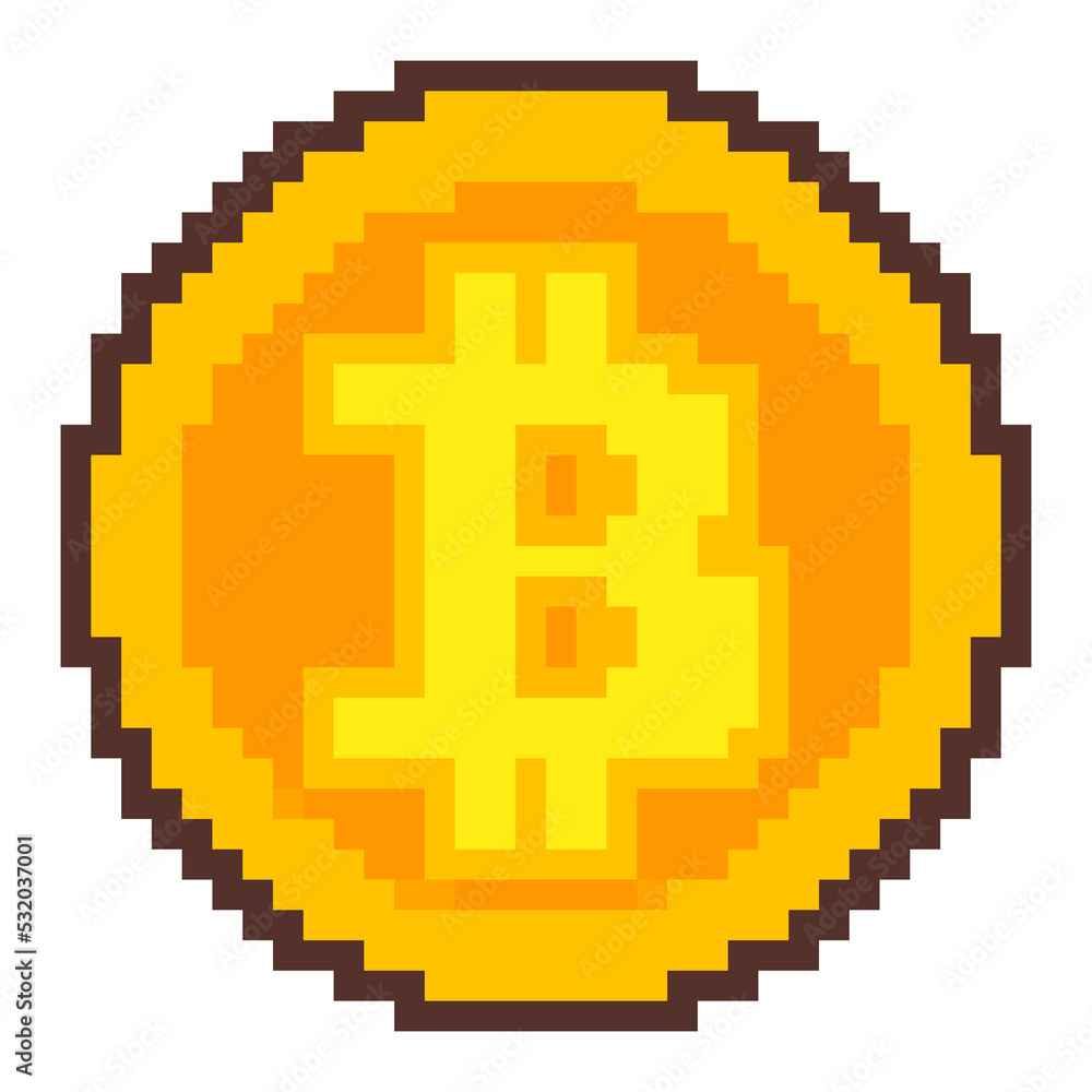 Pixel art: a golden bitcoin coin, isolated.
