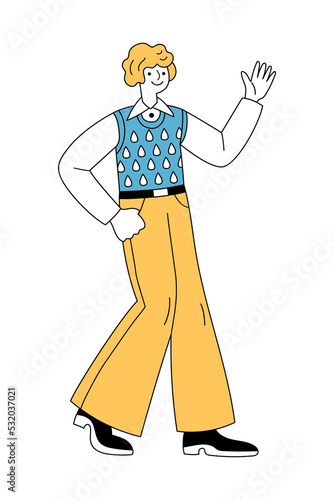 Cheerful man in retro 1960s or 1970s clothes walking and waving hand