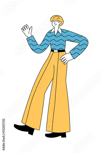 Cheerful man in retro 1960s or 1970s clothes walking and waving hand