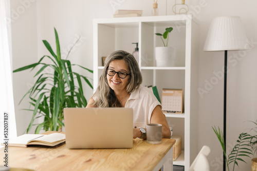 Happy mature woman working in home office via computer