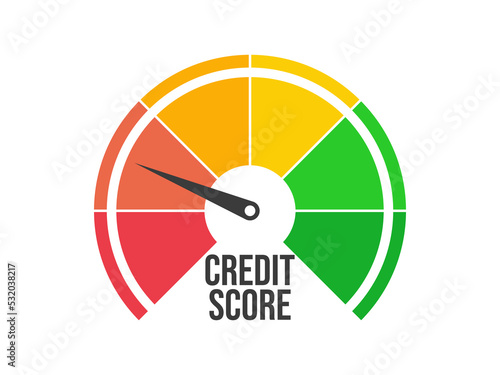 Poor credit score. Credit rating indicator isolated on white background. The arrow points to red. Credit score gauge. Design for app, banner and poster. Vector illustration