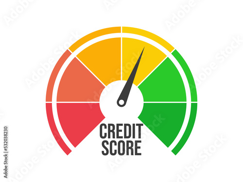 Fair credit score. Credit rating indicator isolated on white background. The arrow points to yellow color. Credit score gauge. Design for app, banner and poster. Vector illustration