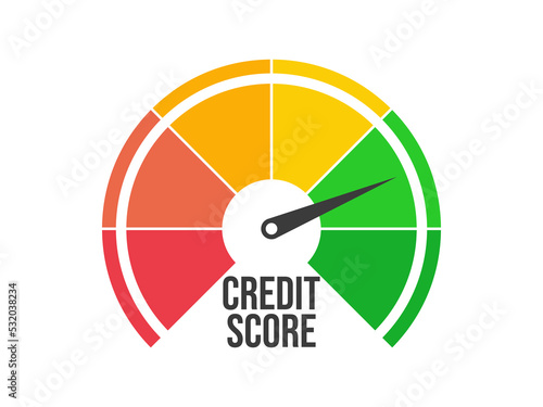 Good credit score. Credit rating indicator isolated on white background. The arrow points to green color. Credit score gauge. Design for app, banner and poster. Vector illustration