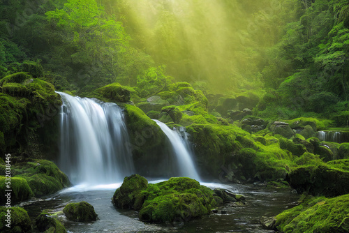 Foto Waterfall cascades in a green forest