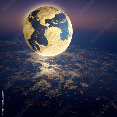 Earth rising like a Moon rising  3d Illustration render. Abstract
