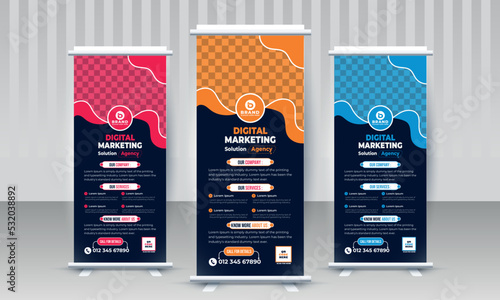Corporate business standee x rollup banner design with three color concept red orange blue vector template