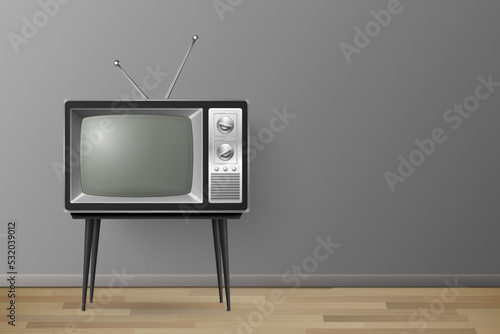 Vector 3d Realistic Retro TV Receiver on a Wooden Table Stand. Home Interior Design Concept. Vintage TV Set on the Wooden Floor. Television, Front View