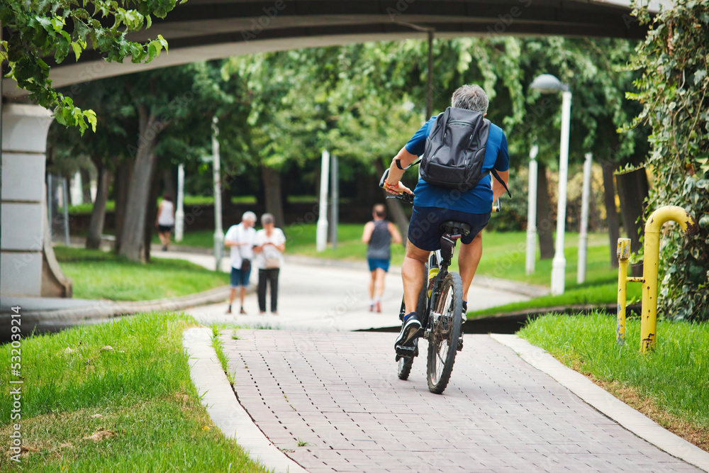 A cyclist riding a push bike in an urban public park on the cycle path